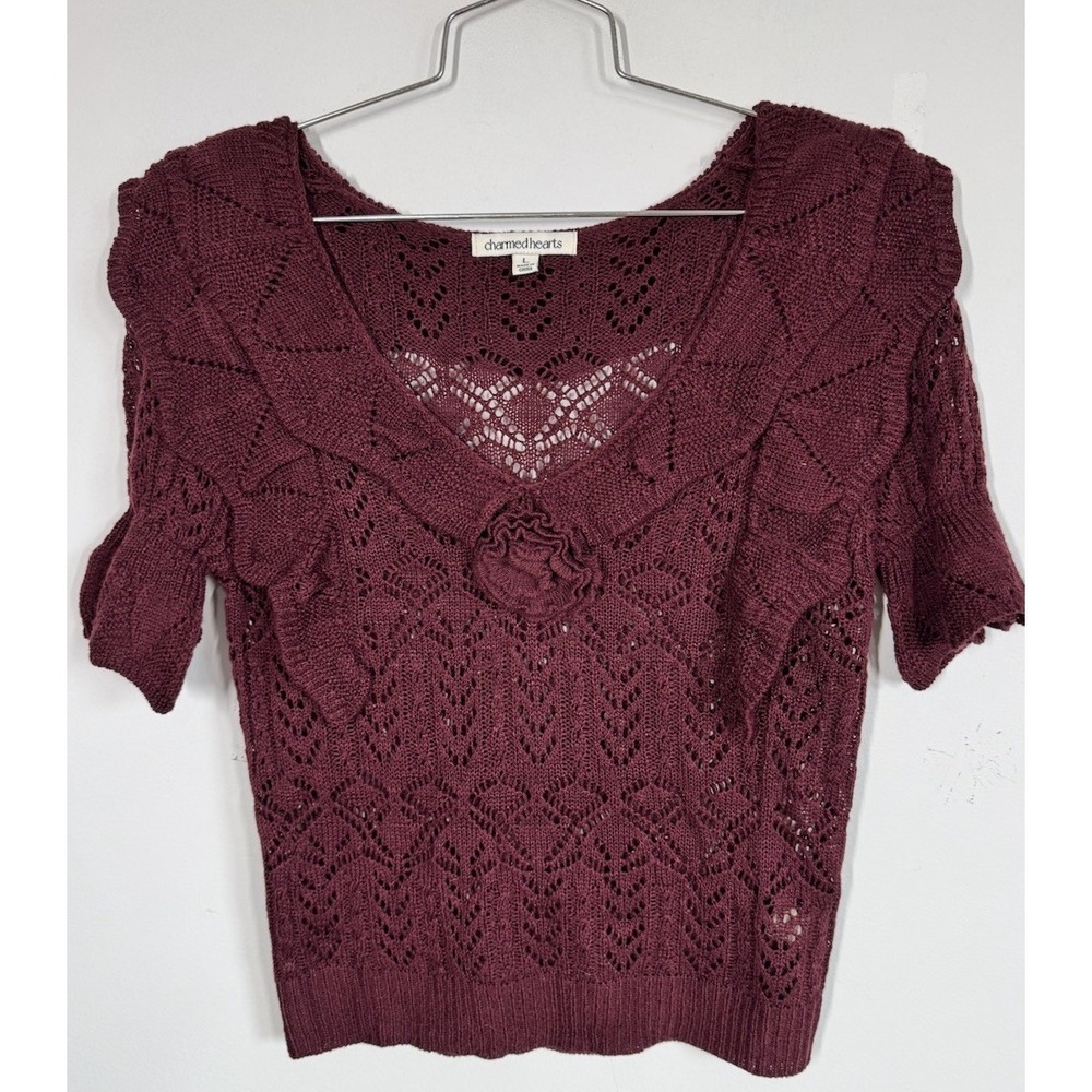 Charmed Hearts Romantic Pointelle Knit Short Sleeve Sweater Women's S Coquette